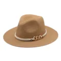 Chapeau Fedora en Paille d'Ete pour Femme Chapeau de Soleil de Plage avec Chaine - M (56-58cm) / Kaki