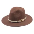 Chapeau de paille marron d'été pour femmes avec corde blanche et chaîne dorée de soleil - M (56-58cm) / Café