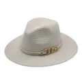 Chapeau fedora en paille beige femme avec chaîne métal élégante pour protection solaire d'été - M (56-58cm) / Crème