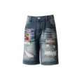 Uomo blu strappato ricamato denim pantaloncini larghi dritti casual streetwear estate - Taglia S / Pantaloni e gonne / Blu