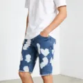 Pantaloncini di jeans elasticizzati da uomo bermuda casual con stampa di schizzi di vernice. - Taglia S / Pantaloni e gonne / Blu