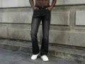 Jeans dritti slavati neri da uomo con cuciture, pantaloni vintage casual alla moda. - Taglia S / Nero
