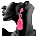 Helle rosa Quasten Ohrringe für Damen Mode Strass Anhänger Ohrschmuck eleganter Party Stil - Fuchsia