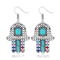 Böhmische vintage Hamsa Hand Ohrringe mit bunten Perlen und Türkis Stein Details. - Blau
