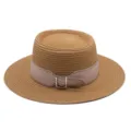 Flat top straw hat detail view, showcasing the stylish PU leather belt and metal buckle decoration. - M (56-58cm) / Khaki