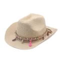 Chapeau de cowboy en paille tressée avec bande colorée glands et coquillages pour été plage - M (56-58cm) / Beige