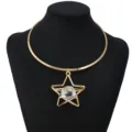 Gold-tone metal hollow star choker necklace with a large crystal pendant for women fashion. - Pentagram