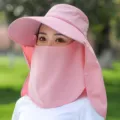 Pink sun protection hat with face shield and wide brim for outdoor summer anti-uv wear. - Single Hat / Pink