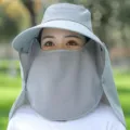 Detail view of the full-face sun protection hat with breathable mesh veil and wide brim. - Single Hat / Gray