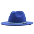 Blauer Fedora Hut Damen Herren Herbst Winter klassische Wollfilz Jazz Kappe elegant - M (56-58cm) / Königsblau (Himmelblauer Gürtel)