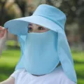 Detail view of light blue sun protection hat with full face mask and wide brim for summer. - Single Hat / Sky Blue