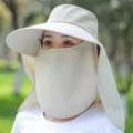 Women summer anti-UV sun protection hat with wide brim, breathable face cover and neck flap. - Single Hat / Khaki