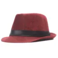 Red woven fedora hat for men and women, classic sun protection jazz hat with black ribbon. - M (56-58cm) / Burgundy