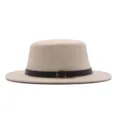 Eleganter Herbst Winter Flacher Top Filzhut mit Ledergurt Schnalle breite Krempe Fedora Kappe - Erwachsene 56-58cm / Beige
