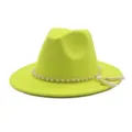 Neon gelber Woll Fedora Hut für Damen mit Perlen Goldkette und Quaste breite Krempe Jazz Hut. - M (56-58cm) / Fluoreszierendes Grün