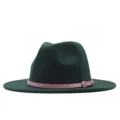 Dunkelgrüner Wollfilz Fedora Hut für Damen mit rosa Ledergürtel und Metallschnalle. - Erwachsene (56-58cm) / Tintenblau (Rosa Gürtel)