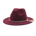 Modischer Damen Wollfilz Fedora Hut mit breiter Krempe, eleganter Perlenkette und Quaste. - M (56-58cm) / Burgunderrot