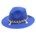Sommer blauer Strohhut Fedora mit Muscheln und Quasten Dekoration, Strand Sonnenschutz Hut. - M (56-58cm) / Saphirblau