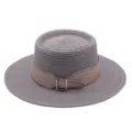 Closeup detail of the grey woven straw hat texture, elegant beige belt, and shiny metal buckle. - M (56-58cm) / Gray