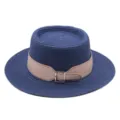 Blue straw flat top hat with stylish beige belt buckle, perfect for summer beach vacation. - M (56-58cm) / Navy Blue