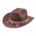 Chapeau de cowboy en paille tressée avec pompons colorés et coquillages pour l'été. - M (56-58cm) / Café