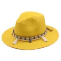 Sommer Stroh Fedora Hut für Damen Herren Western Cowboy Strand Sonnenhut mit Muscheln und Quasten - M (56-58cm) / Gelb