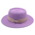 Women flat top straw hat summer beach sun protection hat with stylish belt detail for travel vacation - M (56-58cm) / Purple