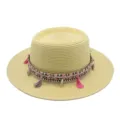 Damen Herren Strohhut Breiter Rand Sommer Strand Urlaub Sonnenhut mit Quasten Bändchen - M (56-58cm) / Beige