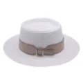Close-up detail of the stylish white flat-top straw hat featuring a beige leather belt and metal buckle. - M (56-58cm) / White