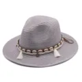 Sommer grauer Strohhut Detail mit Muschel und Quasten Band, retro Sonnenschutz Strandhut. - M (56-58cm) / Grau