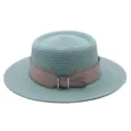 Detail view of a stylish women flat-top straw hat with belt decor, ideal for summer beach. - M (56-58cm) / Cyan