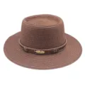 Eleganter brauner Strohhut mit Perlen-Feder-Band für Damen Sommer Strand Urlaub. - M (56-58cm) / Kaffeebraun