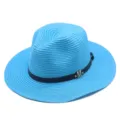 Blauer Strohhut Fedora für Damen und Herren Sommer Strand Sonnenschutz lässiger Sonnenhut - M (56-58cm) / Seeblau