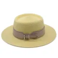 Lightweight straw flat top hat with stylish leather belt and metal buckle for women. - M (56-58cm) / Light Yellow