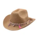 Chapeau de paille style cowboy occidental avec bande tressée colorée, pompons et coquillages. - M (56-58cm) / Kaki