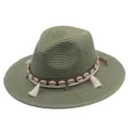 Sommer gruner Strohhut mit Muscheln Quasten Band fur Damen und Herren Strand Sonnenhut. - M (56-58cm) / Armeegrün