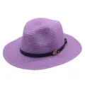 Stilvoller lila Strohhut Damen Sommer Strand Sonnenschutz Fedora Hut mit Metall M neu - M (56-58cm) / Lila