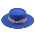 Blue flat top straw hat with stylish leather belt buckle for summer beach vacation and daily sun protection. - M (56-58cm) / Sapphire Blue