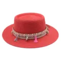 Sommer roter Strohhut mit geflochtenem Band und Muscheln fuer Strandurlaub und Sonnenschutz. - M (56-58cm) / Rot