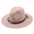 Roze strooien fedora hoed voor zomer strand buiten zonbescherming elegante mode hoofdtooi - M (56-58cm) / Leerroze