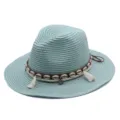 Sommer Strohhut Fedora mit Muschel Quaste Strand Sonnenhut Damen Herren blau geflochtener Hut - M (56-58cm) / Hellgrün