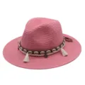 Rosa Strohhut Sonnenhut mit Muschel Quaste Band Sommer Strand Fedora Hut Damen Herren. - M (56-58cm) / Dunkle Hautfarbe Rot