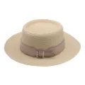 Stylish flat top straw hat for women, summer beach sun protection sunhat with belt. - M (56-58cm) / Beige