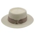 Flat top straw hat detail view showing the elegant pink leather belt and metal buckle design. - M (56-58cm) / Cream
