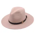 Eleganter rosa Strohhut mit schwarzem Lederband und goldenem M fur Strand und Sommer. - M (56-58cm) / Altrosa