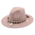 Damen Sommer Strohhut Vintage Western Cowboy Sonnenhut Strand Muschel Quaste Fedora Hut - M (56-58cm) / Altrosa