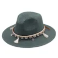 Dunkelgrüner Strohhut Fedora mit Muschel- und Quasten-Geflechtband für Damen Somersonne. - M (56-58cm) / Dunkelgrün