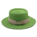 Green flat top straw hat detail, featuring a chic beige leather belt and metal buckle. - M (56-58cm) / Green