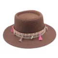 Brauner Strohhut mit buntem Webband, Quasten und Muschelanhaengern fuer Strand und Urlaub. - M (56-58cm) / Kaffeebraun