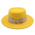 Women's flat top straw hat summer beach sun protection hat with belt buckle yellow stylish - M (56-58cm) / Yellow